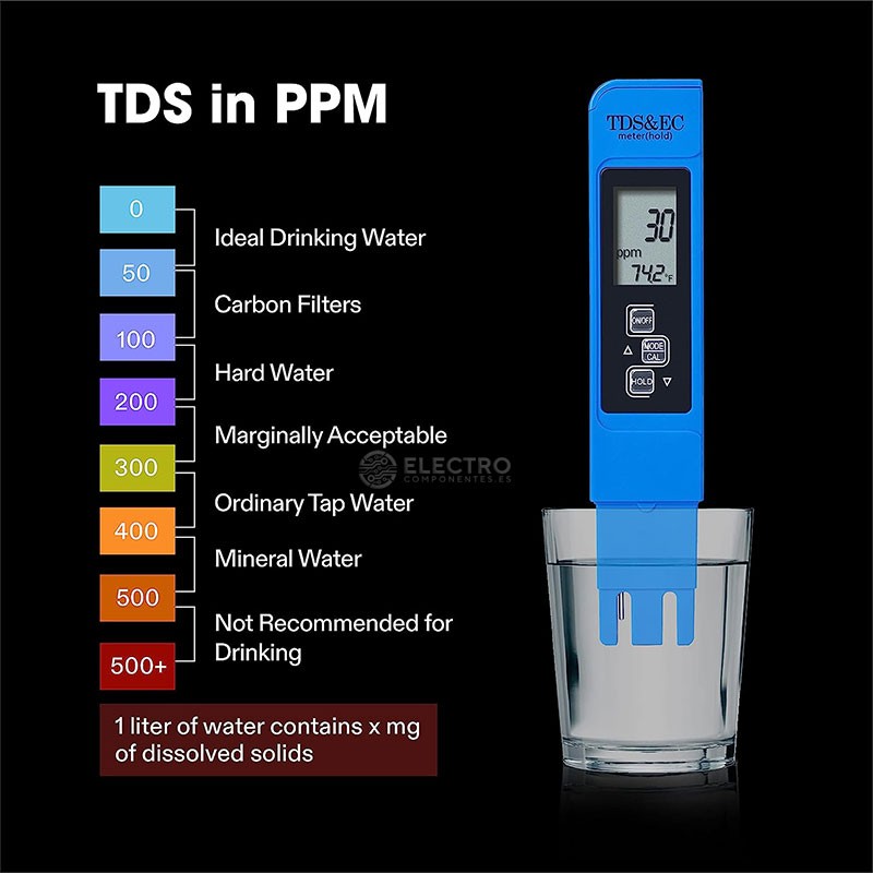 Medidor TDS EC ppm 0-9999 electro conductividad pureza agua temperatura ...