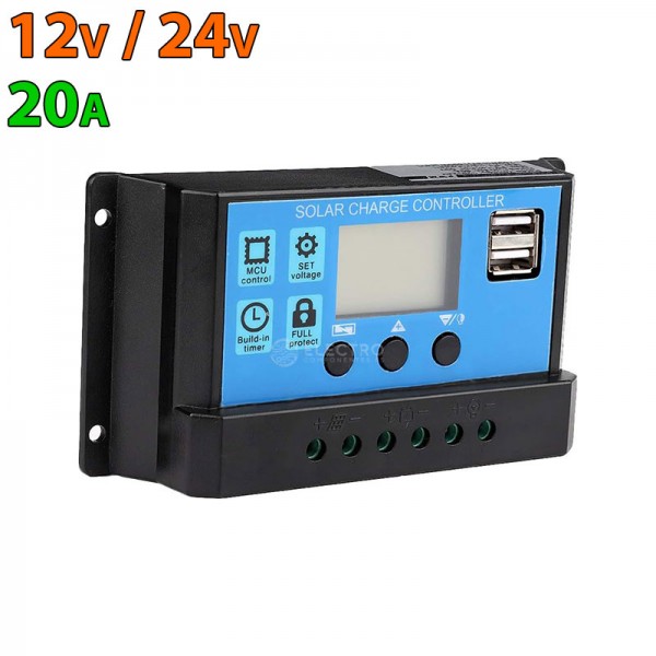 Controlador de Carga solar 12v 24v 20A PWM USB 5v bateria